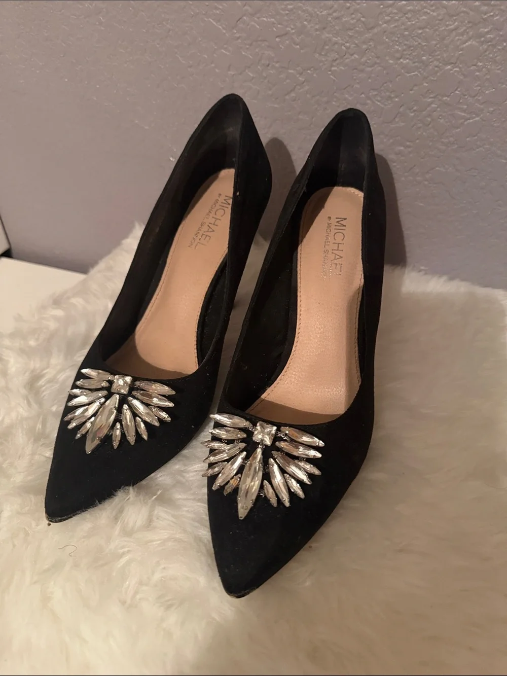 MICHAEL by MICHAEL SHANNON Black Suede Pointed Toe Pumps with Crystal Burst